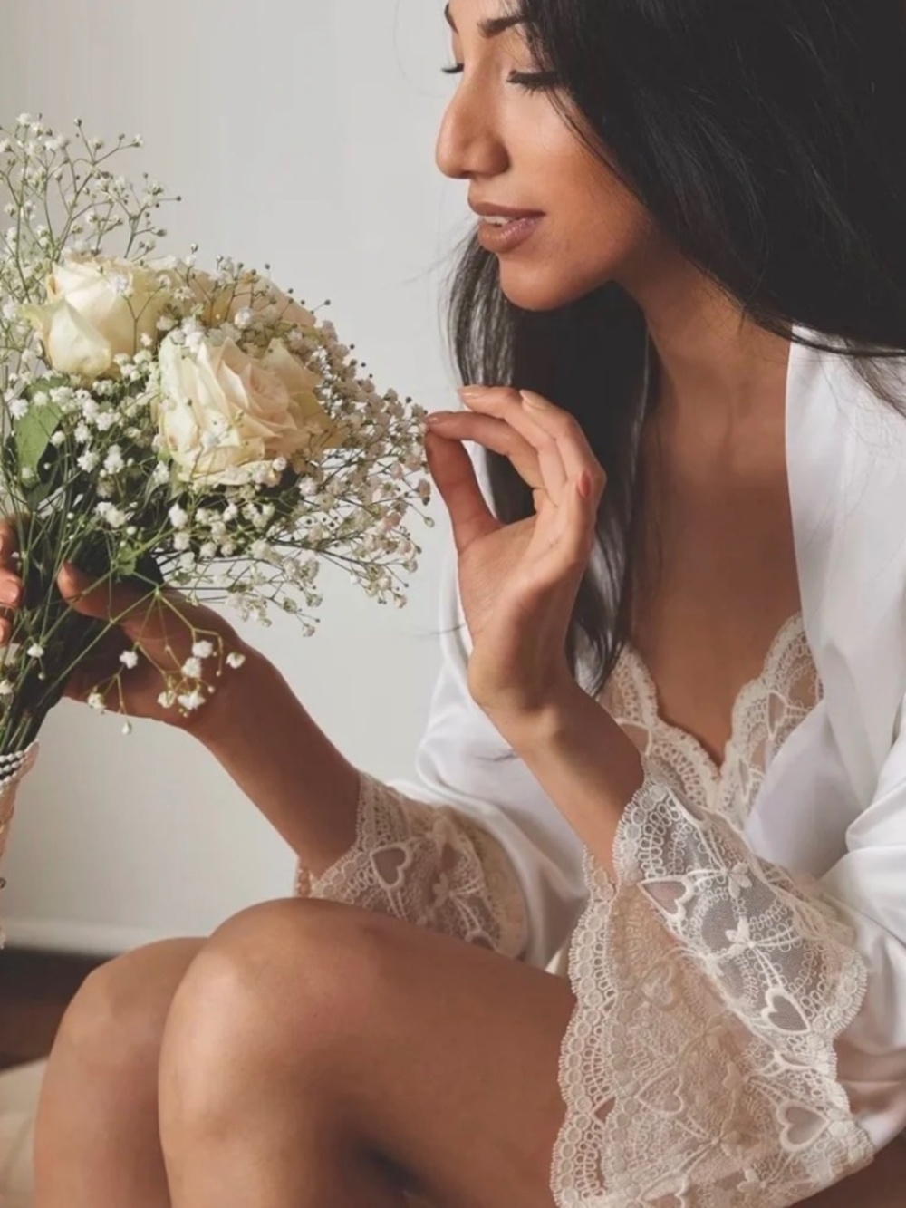 Flora Nikrooz luxe bridal satin robe with heart lace embroidery